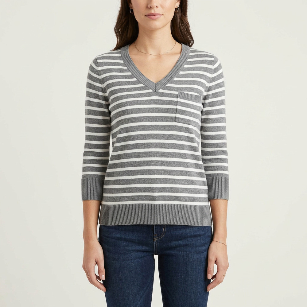 Mossimo Grey White Striped V-Neck Sweater S
